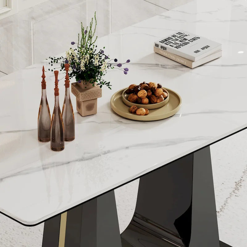 Dining Table with Sintered Stone Composite Glass Top and Stainless Steel Base