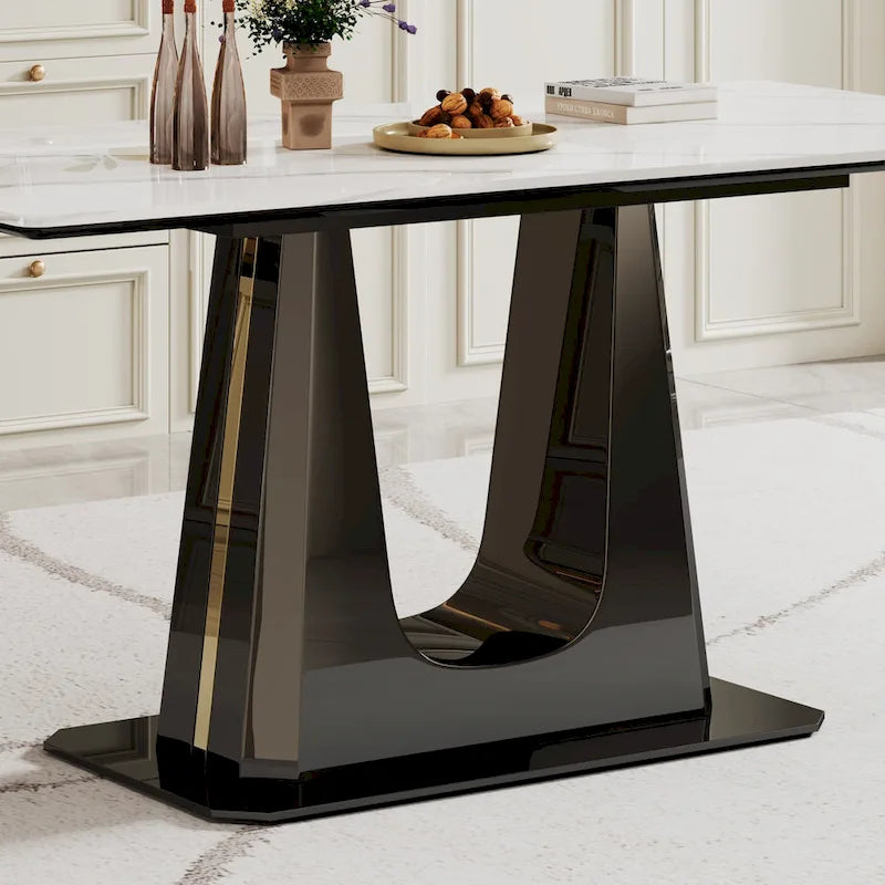 Dining Table with Sintered Stone Composite Glass Top and Stainless Steel Base