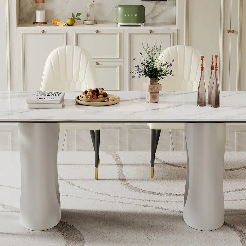Dining Table with Sintered Stone Composite Glass Top and Stainless Steel Base