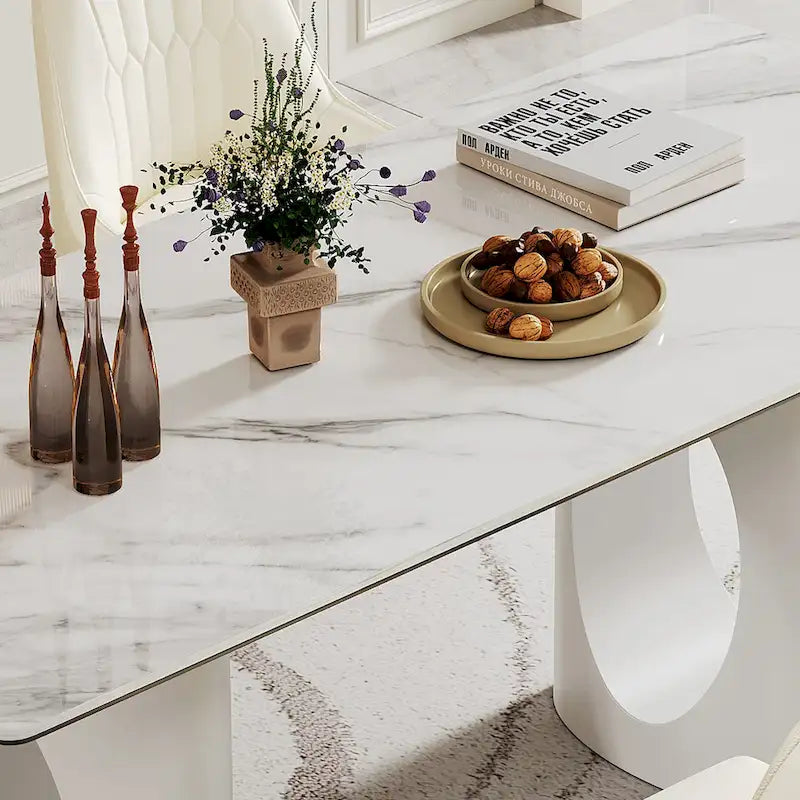 Dining Table with Sintered Stone Composite Glass Top and Stainless Steel Base