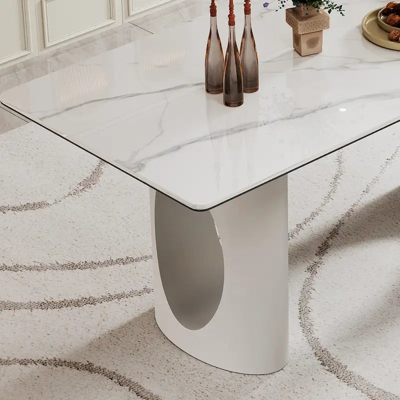 Dining Table with Sintered Stone Composite Glass Top and Stainless Steel Base