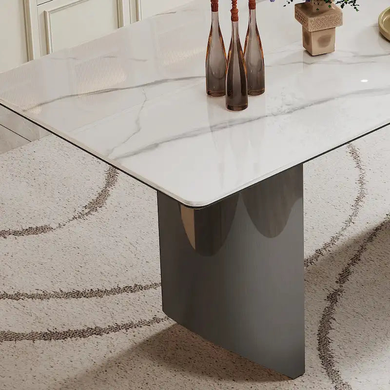 Dining Table with Sintered Stone Composite Glass Top and Stainless Steel Base