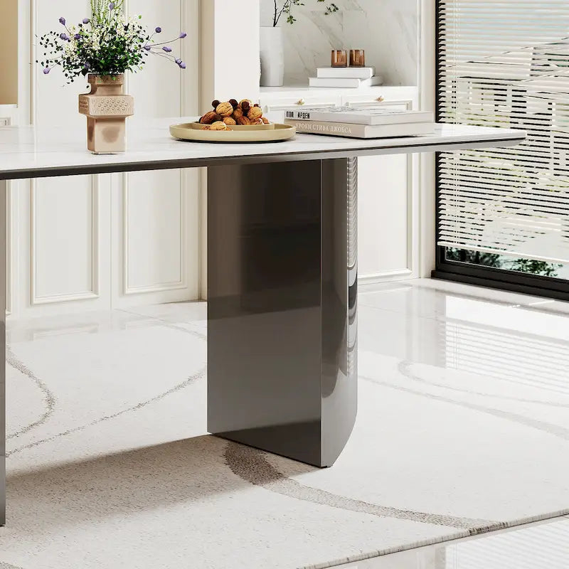 Dining Table with Sintered Stone Composite Glass Top and Stainless Steel Base