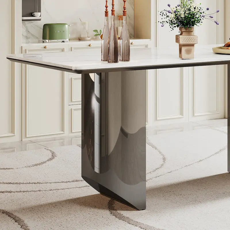 Dining Table with Sintered Stone Composite Glass Top and Stainless Steel Base