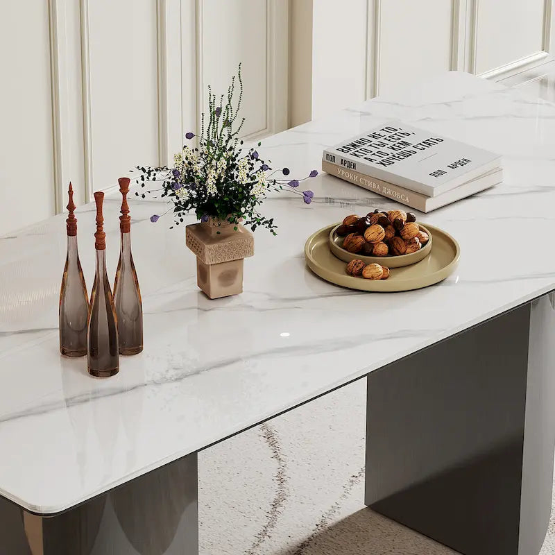 Dining Table with Sintered Stone Composite Glass Top and Stainless Steel Base