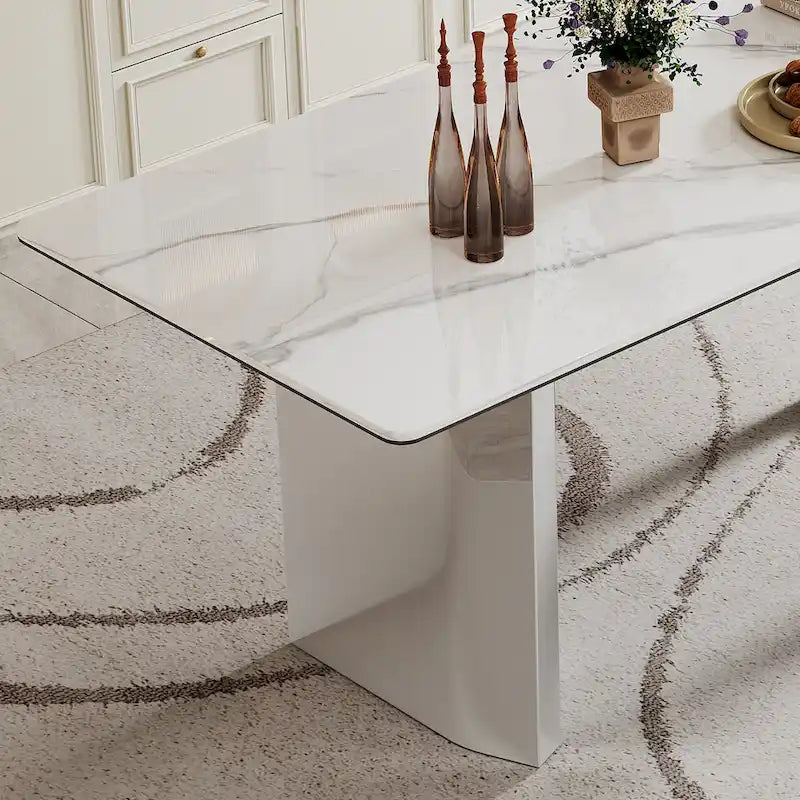 Dining Table with Sintered Stone Composite Glass Top and Stainless Steel Base