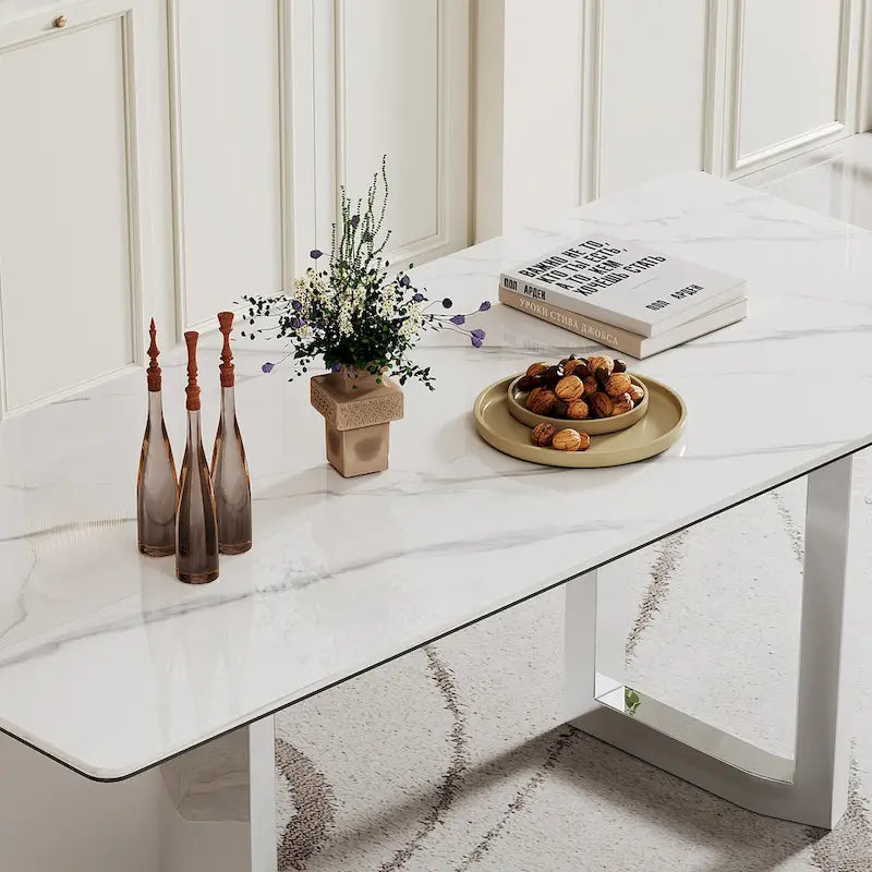 Dining Table with Sintered Stone Composite Glass Top and Stainless Steel Base