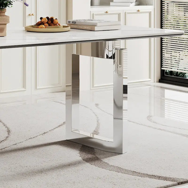 Dining Table with Sintered Stone Composite Glass Top and Stainless Steel Base