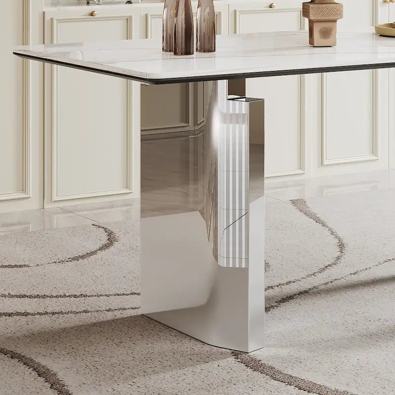 Dining Table with Sintered Stone Composite Glass Top and Stainless Steel Base