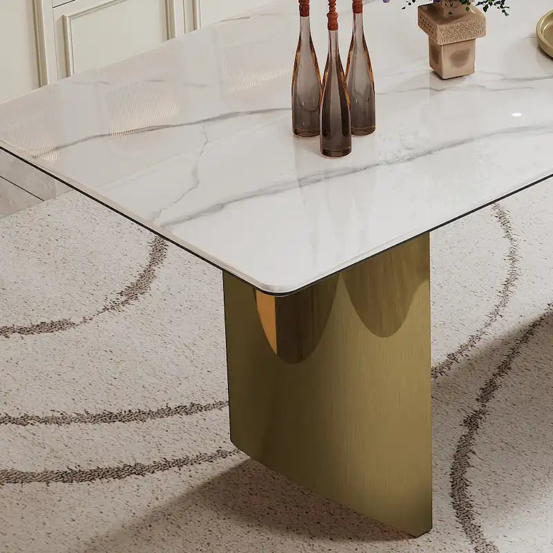 Dining Table with Sintered Stone Composite Glass Top and Stainless Steel Base