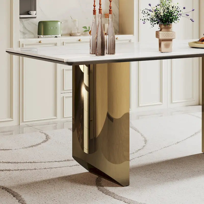 Dining Table with Sintered Stone Composite Glass Top and Stainless Steel Base