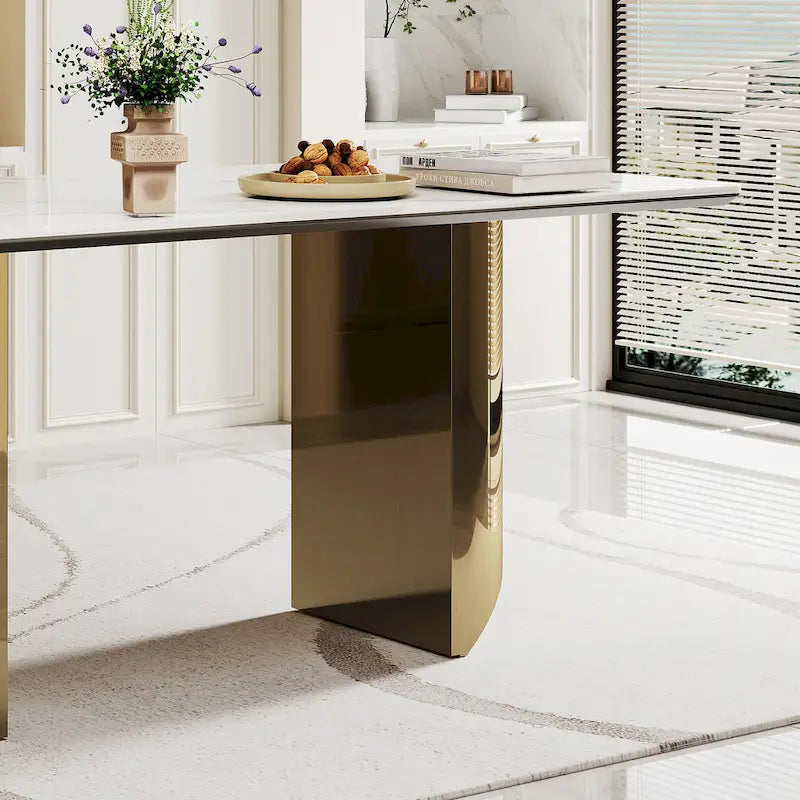 Dining Table with Sintered Stone Composite Glass Top and Stainless Steel Base