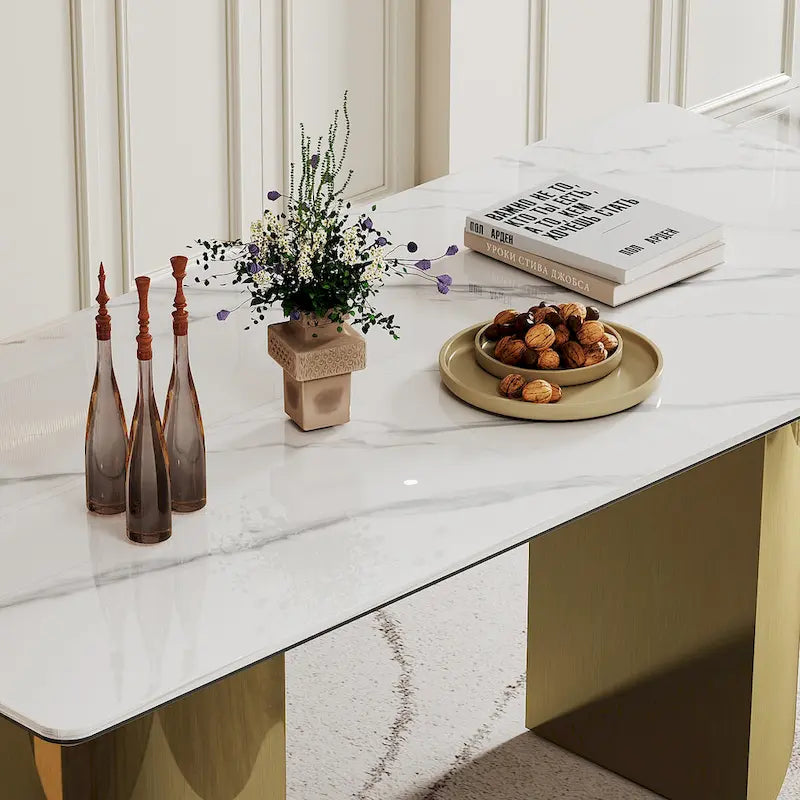 Dining Table with Sintered Stone Composite Glass Top and Stainless Steel Base
