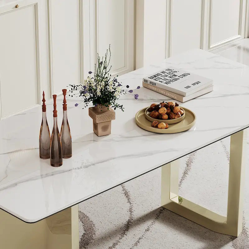 Dining Table with Sintered Stone Composite Glass Top and Stainless Steel Base
