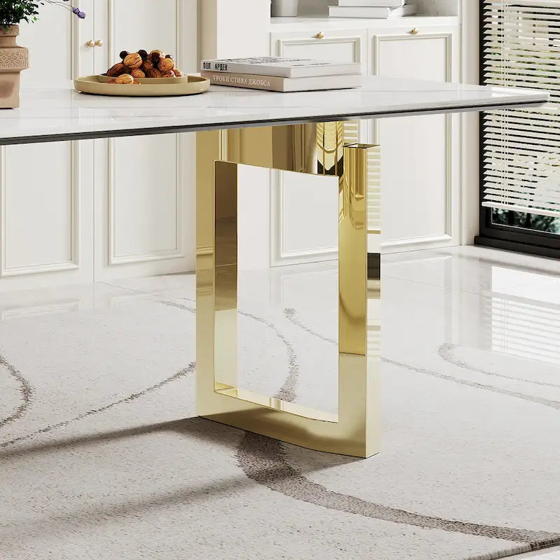 Dining Table with Sintered Stone Composite Glass Top and Stainless Steel Base