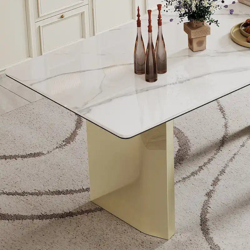 Dining Table with Sintered Stone Composite Glass Top and Stainless Steel Base