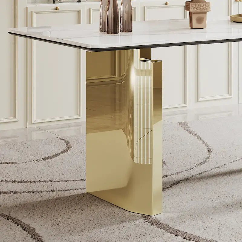 Dining Table with Sintered Stone Composite Glass Top and Stainless Steel Base