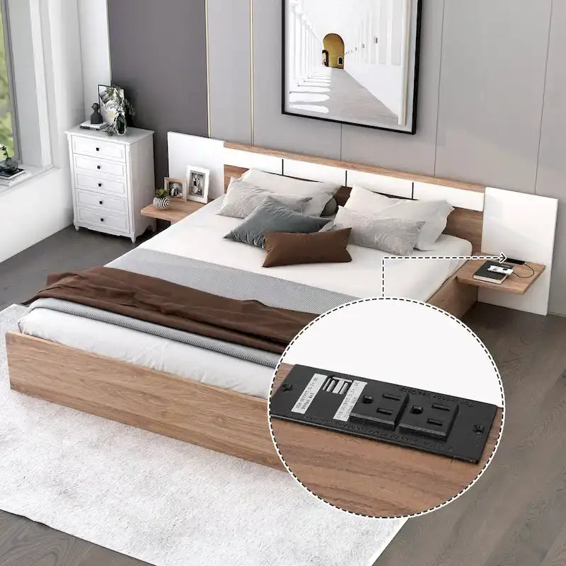 Natural Wood Queen Bed with Storage Shelves, USB Ports and Outlets