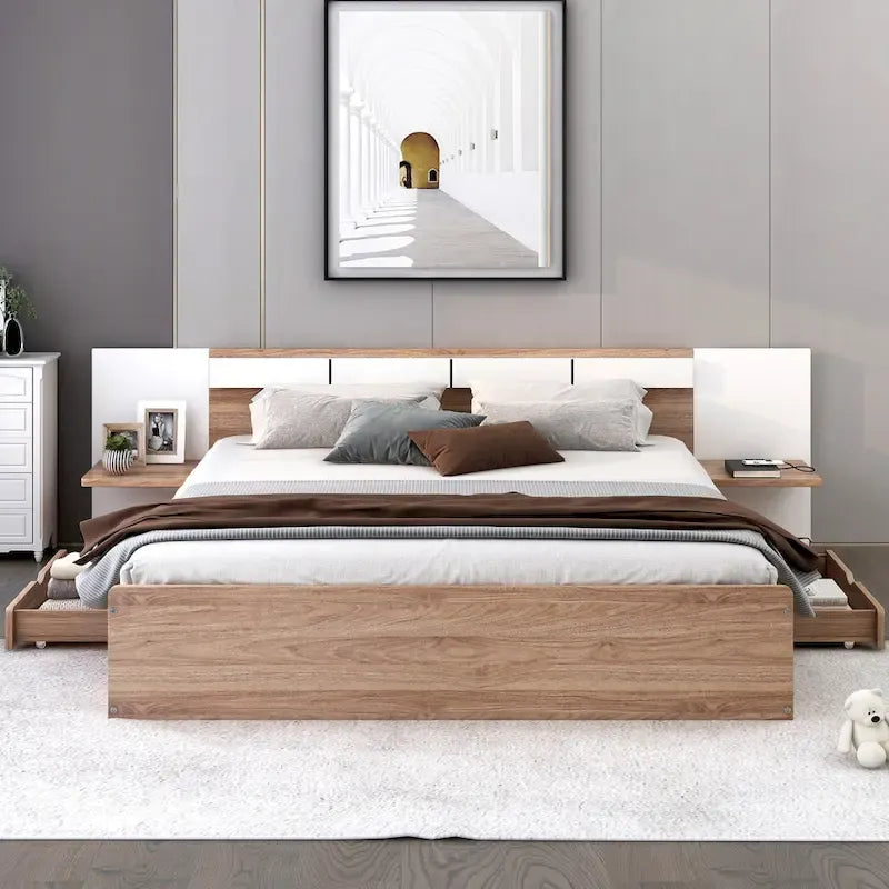 Natural Wood Queen Bed with Storage Shelves, USB Ports and Outlets