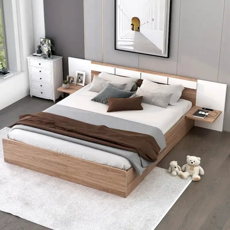 Natural Wood Queen Bed with Storage Shelves, USB Ports and Outlets