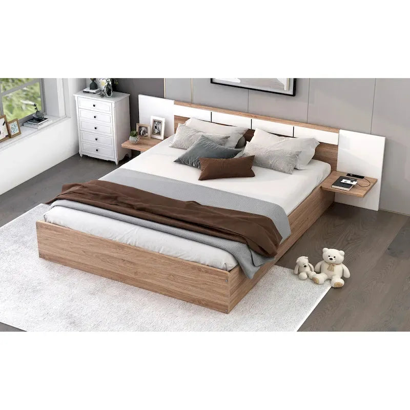 Natural Wood Queen Bed with Storage Shelves, USB Ports and Outlets