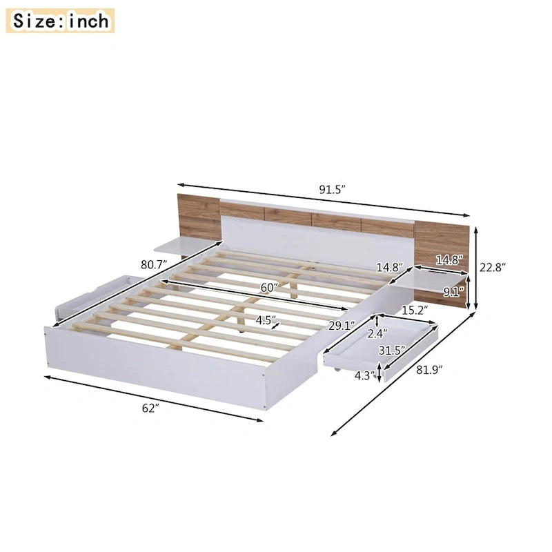 Natural Wood Queen Bed with Storage Shelves, USB Ports and Outlets