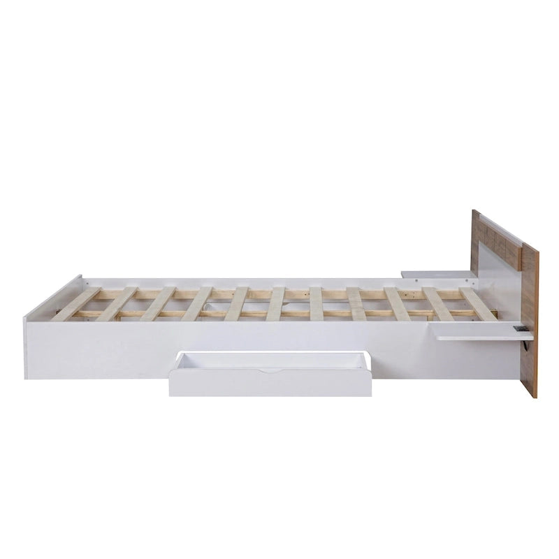 Natural Wood Queen Bed with Storage Shelves, USB Ports and Outlets