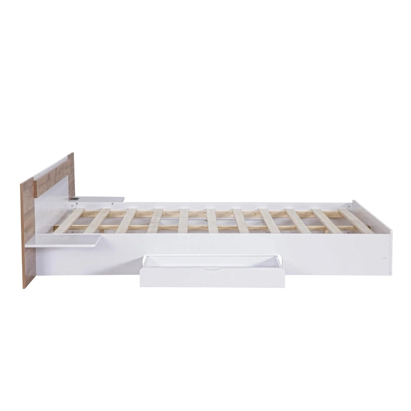 Natural Wood Queen Bed with Storage Shelves, USB Ports and Outlets
