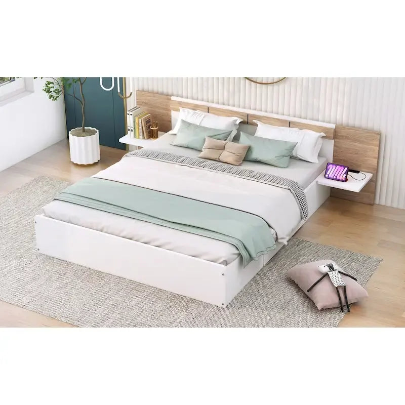 Natural Wood Queen Bed with Storage Shelves, USB Ports and Outlets