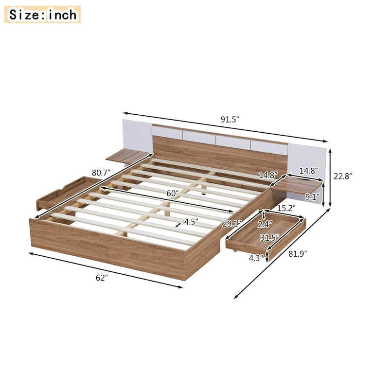 Natural Wood Queen Bed with Storage Shelves, USB Ports and Outlets