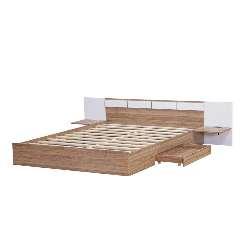 Natural Wood Queen Bed with Storage Shelves, USB Ports and Outlets