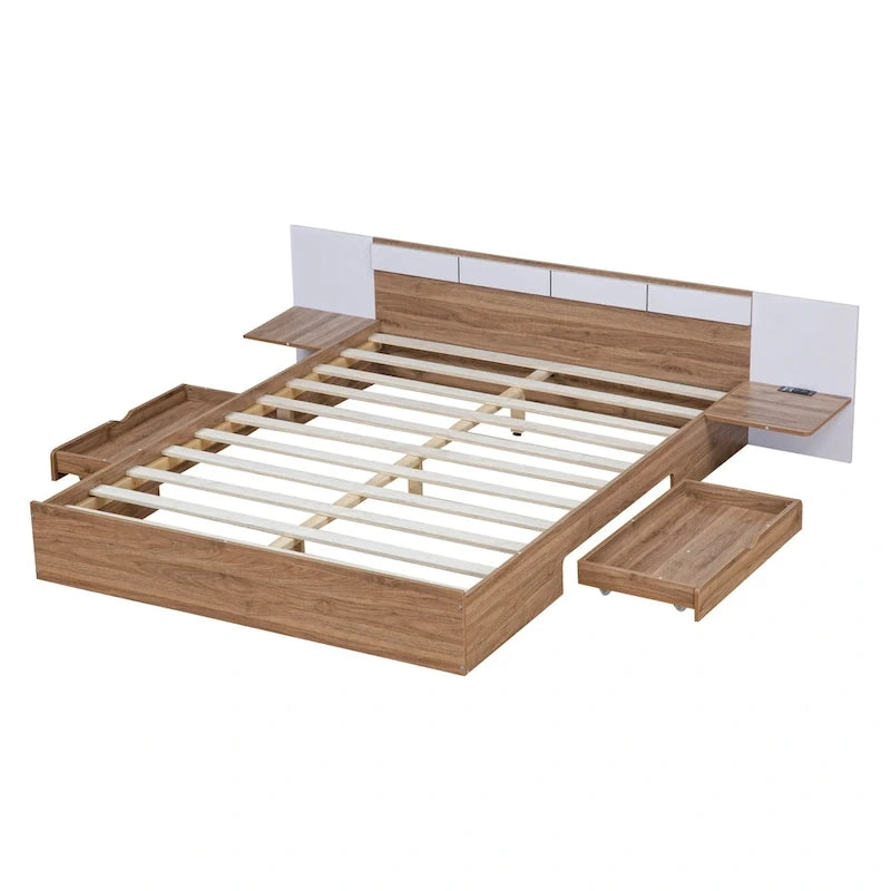 Natural Wood Queen Bed with Storage Shelves, USB Ports and Outlets