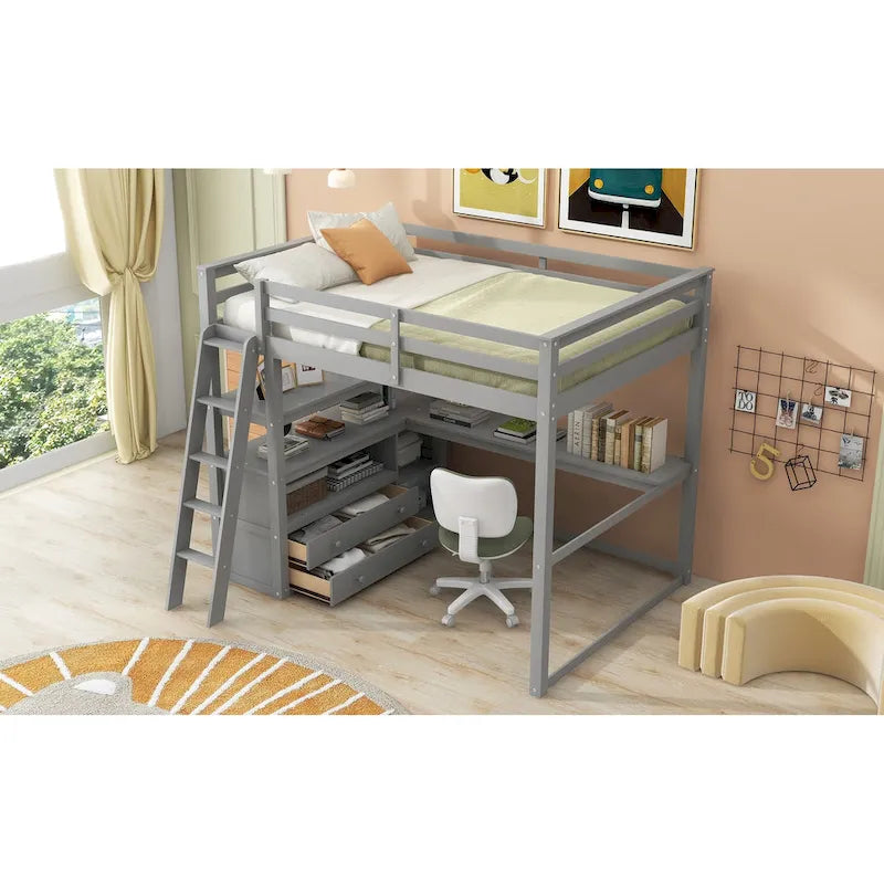 Full Size Loft Bed with Desk and Shelves,Two Built-in Drawers,Gray