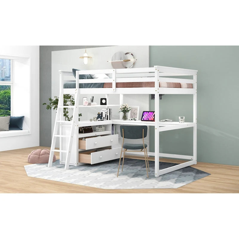 Full Size Loft Bed with Desk and Shelves,Two Built-in Drawers,Gray