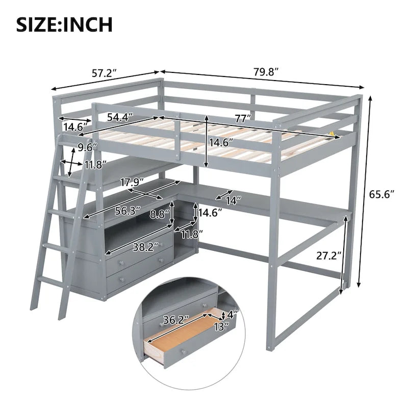 Full Size Loft Bed with Desk and Shelves,Two Built-in Drawers,Gray