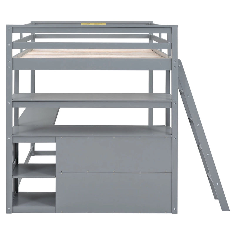 Full Size Loft Bed with Desk and Shelves,Two Built-in Drawers,Gray