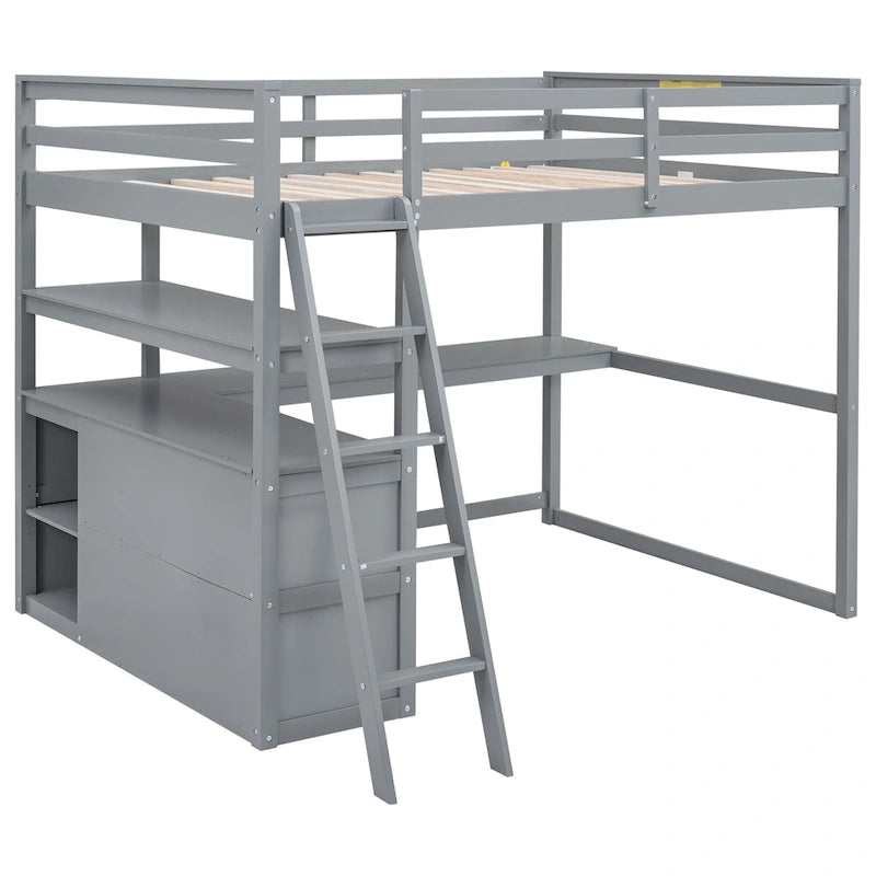 Full Size Loft Bed with Desk and Shelves,Two Built-in Drawers,Gray