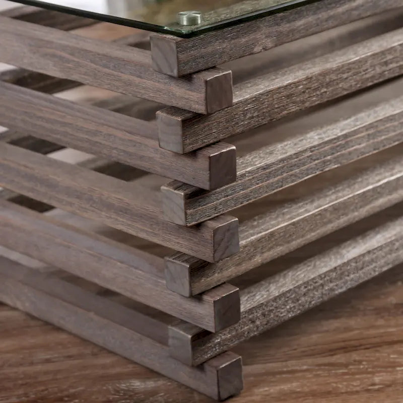 Weathered Grey Solid Wood Coffee Table with Glass Top