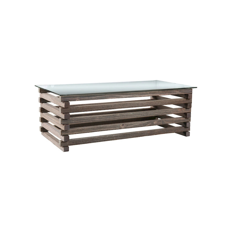 Weathered Grey Solid Wood Coffee Table with Glass Top