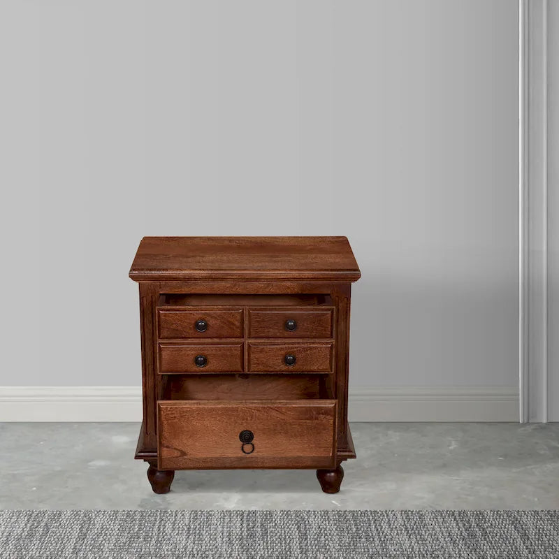 26 Inch Handcrafted Nightstand, 2 Drawers, Black Powder Coated Knobs, Walnut Brown Mango Wood