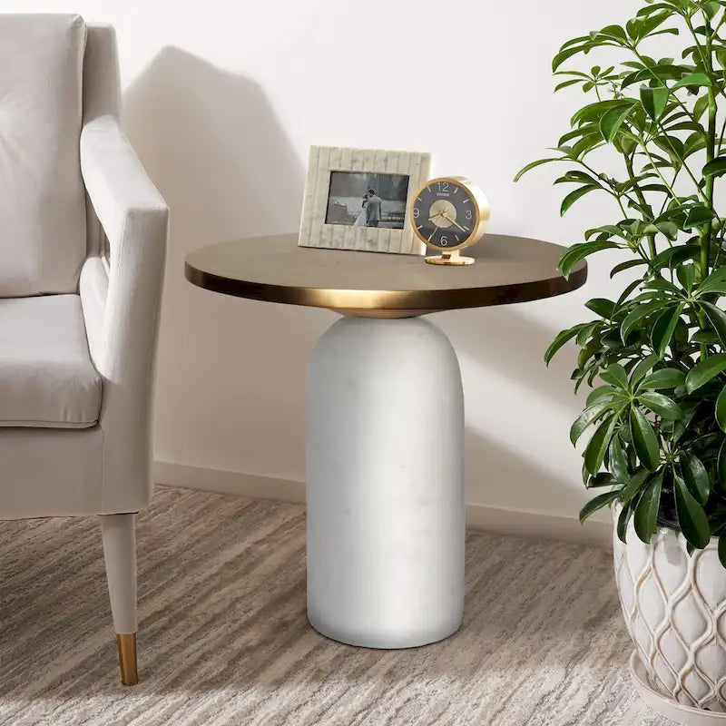 Round Brass and White Marble Accent Table