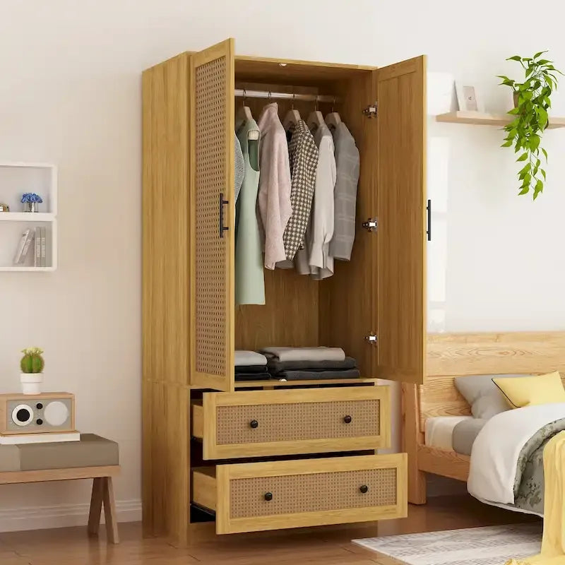 Wood Wardrobe Closet with Hanging Rod and Drawers - Storage Organizer
