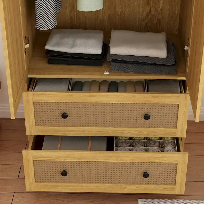 Wood Wardrobe Closet with Hanging Rod and Drawers - Storage Organizer