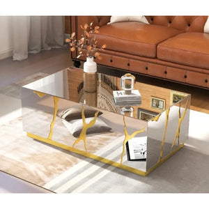 Rectangle Coffee Table Mirrored Golden Crackle Design