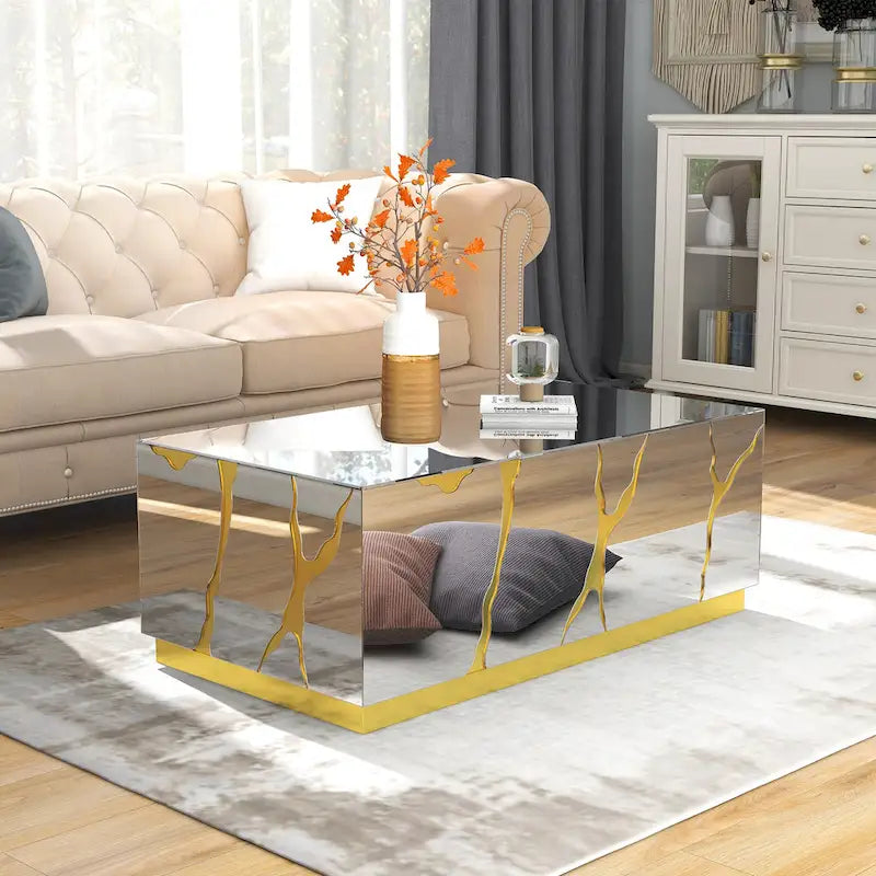 Rectangle Coffee Table Mirrored Golden Crackle Design