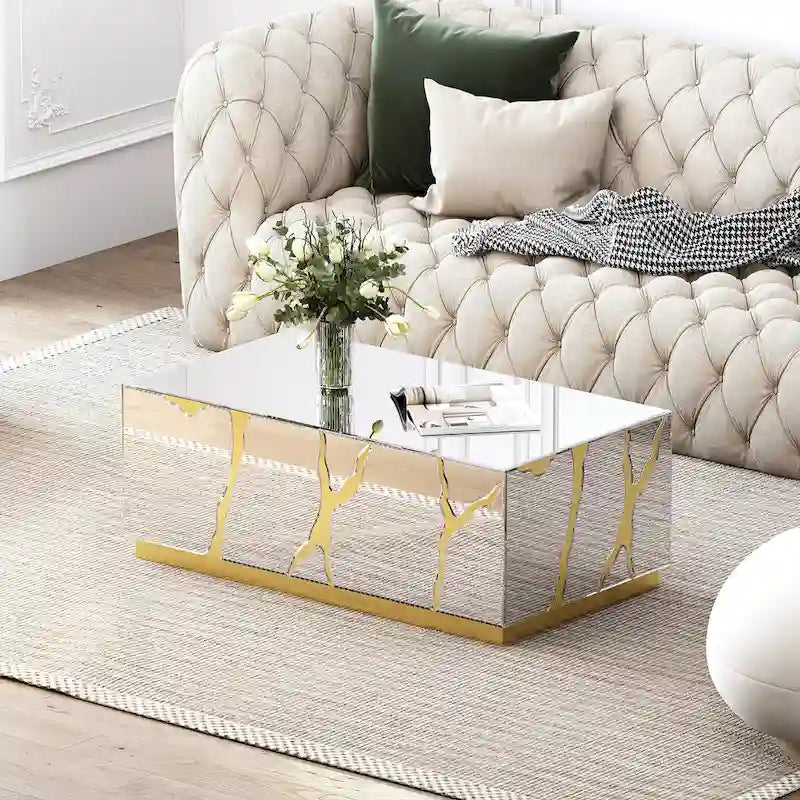 Rectangle Coffee Table Mirrored Golden Crackle Design
