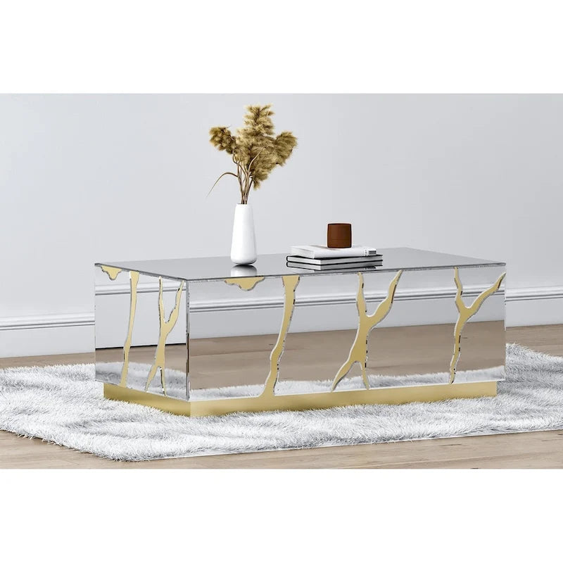 Rectangle Coffee Table Mirrored Golden Crackle Design