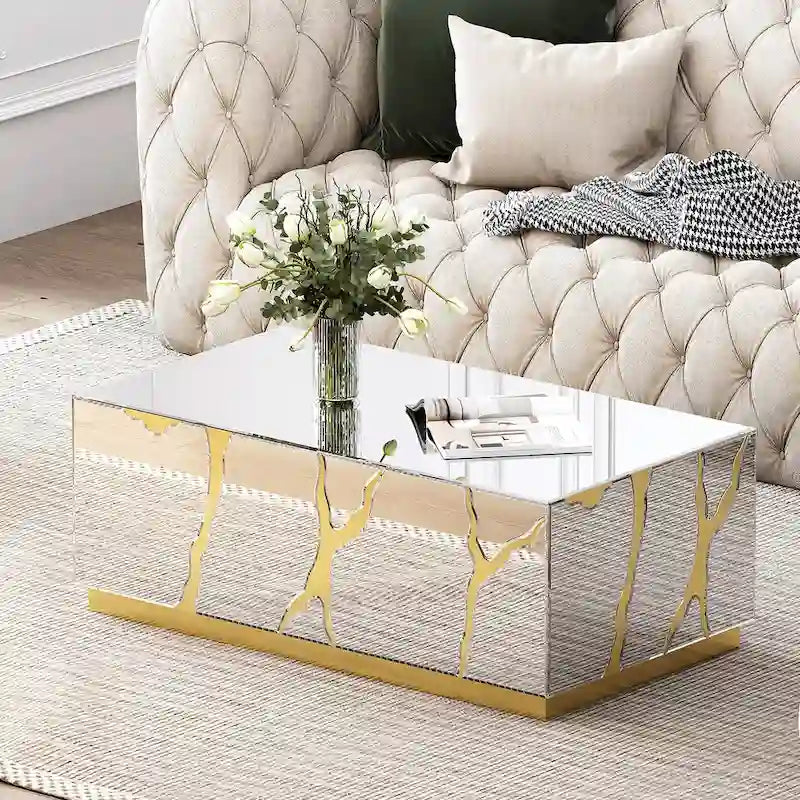 Rectangle Coffee Table Mirrored Golden Crackle Design
