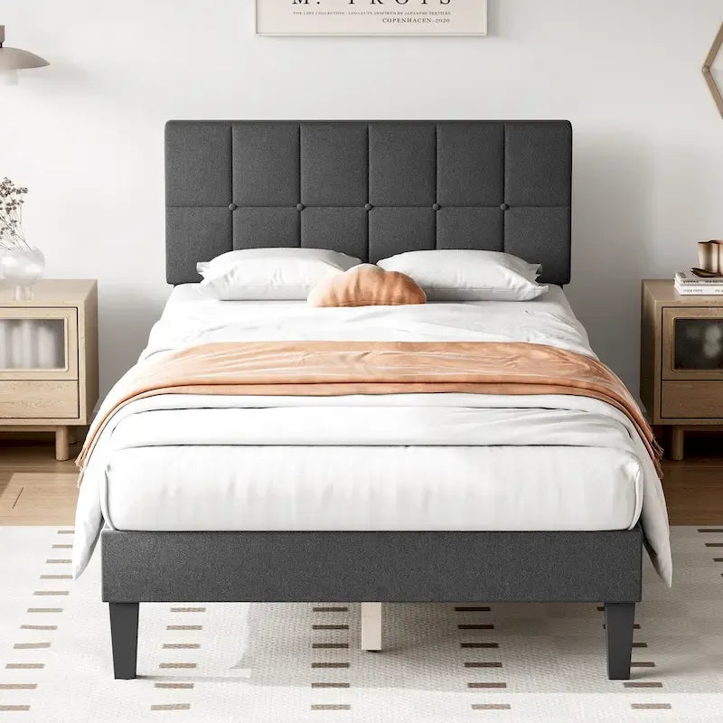 Gray Tufted Linen Twin Bed with Adjustable Headboard