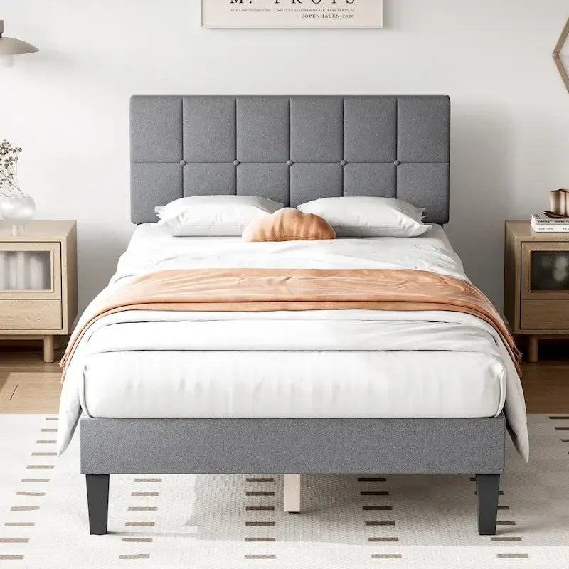 Gray Tufted Linen Twin Bed with Adjustable Headboard